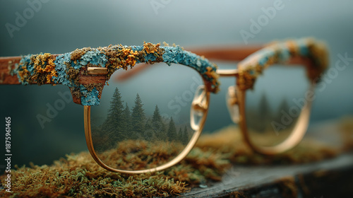 Glasses with moss and forest reflection on the lenses, blending nature and eyewear.
