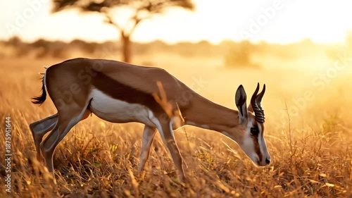A magnificent springbok antelope is grazing peacefully in the golden light, captured with shallow depth of field on the dry african savanna at sunset.