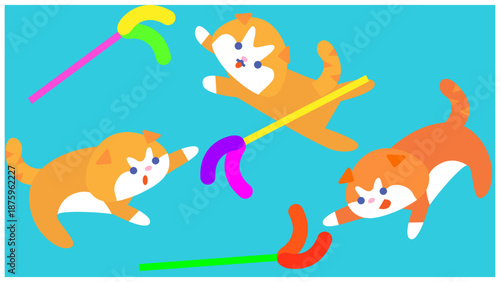 おもちゃで遊ぶ元気な猫たちのかわいいキャラクターイラスト
