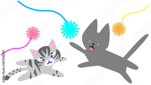 おもちゃに飛びついて遊ぶかわいい猫たちのキャラクターイラスト