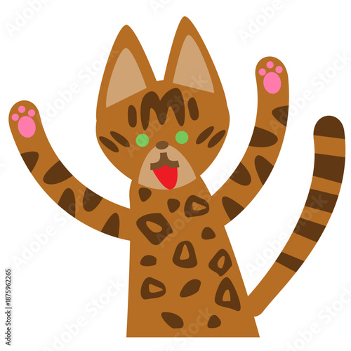 元気に手をあげて喜ぶヒョウ柄のかわいい猫キャラクターイラスト