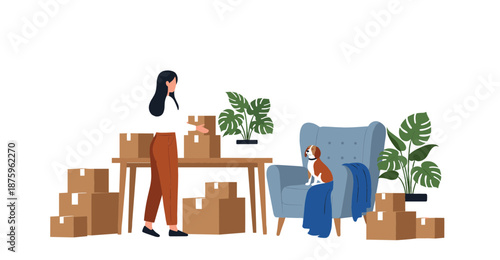 Flat vector illustration of a young woman packing cardboard boxes on a table for relocation or starting a small home business