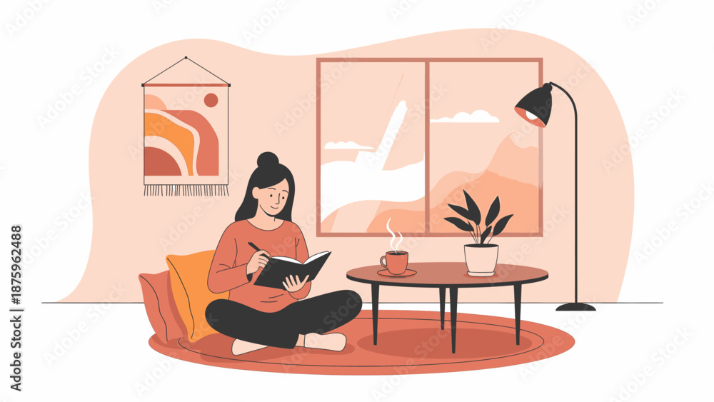 Fototapeta premium Young woman comfortably writing in journal at home, finding creative inspiration and peace