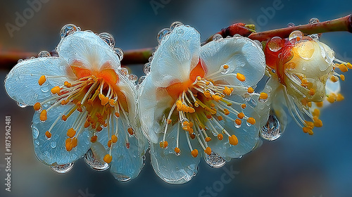 Close-up of white flowers with orange stamens, covered in water droplets.