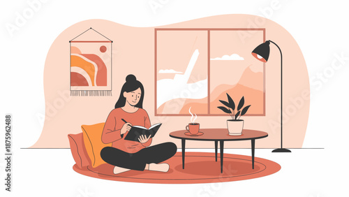 Young woman comfortably writing in journal at home, finding creative inspiration and peace