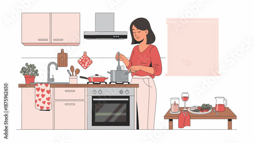 Smiling woman enjoying cooking a healthy meal in her modern kitchen, preparing fresh food at home