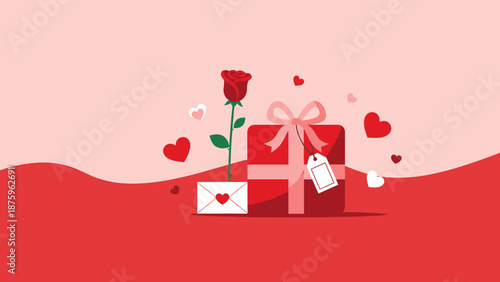 Romantic illustration of a lovely gift box with a red rose and heart-filled envelope, perfect for celebrations and special occasions