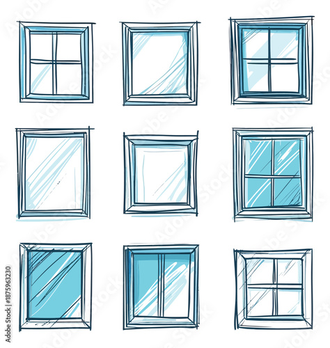 Hand drawn line art window frames set featuring various styles of windows for house architecture and design