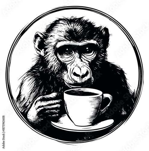 Hand drawn line art illustration of a chimpanzee depicting it holding a coffee cup for cafe branding