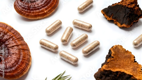 Chaga mushroom supplement capsules on white background with dry Chaga mushrooms 