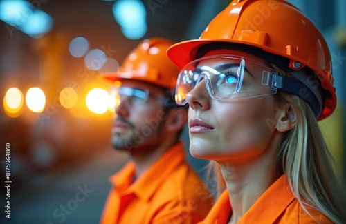 Wallpaper Mural Two factory workers wearing orange uniforms hard hats and safety glasses look forward. They are in a brightly lit industrial facility observing operations. Torontodigital.ca