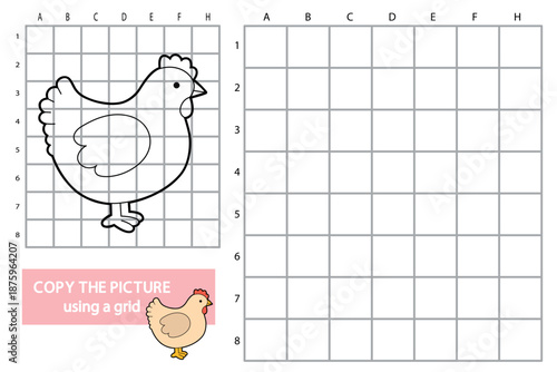 Kids worksheet with a cute hen character. Copy the picture using a grid activity for children. Black and white line art with empty grid for drawing practice, learning, education and fine motor skills.