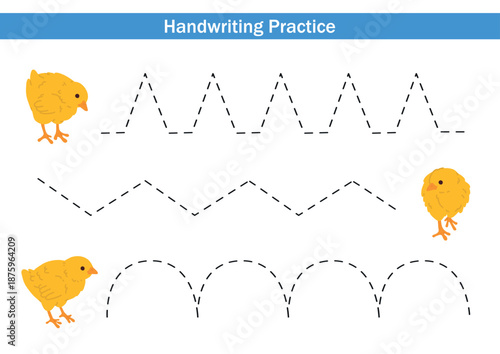 Colorful vector chucks worksheet with three horizontal handwriting practice paths for kids. cute chicks, dotted lines and cute elements help children develop fine motor skills and early writing.