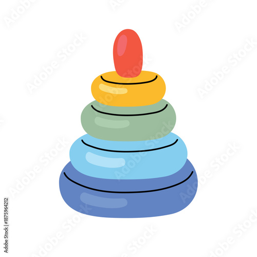 Vector illustration of a colorful stacking ring toy pyramid for children. . Educational worksheet, kids illustration, printable vector illustration.