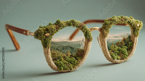 Eyeglasses with moss-covered frames resembling a miniature forest scene.