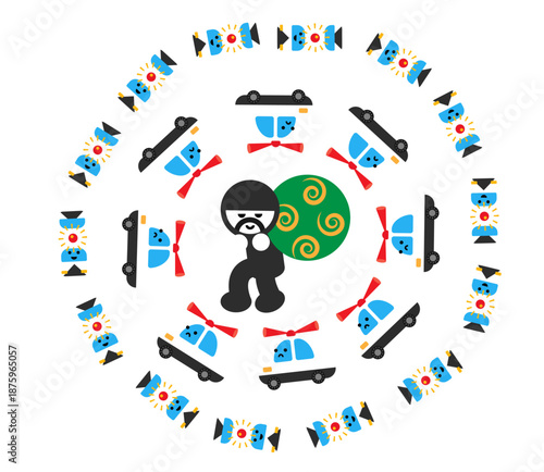 パトカーと泥棒を円形に配置したかわいい防犯イラスト