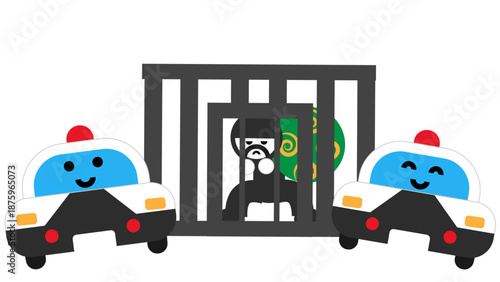 泥棒を逮捕して守られる街のかわいいパトカーイラスト
