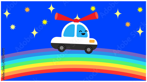 虹の上を走るかわいいパトカーのイラスト