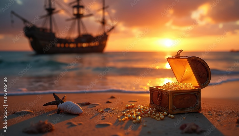 Fototapeta premium Opened chest spills gold on beach near ocean. Old ship sails on sea during sunset. Starfish rests on sand by treasure box. Adventure awaits.