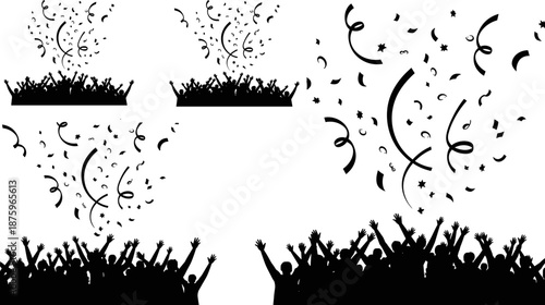 Silhouette of cheering crowd with falling confetti and streamers symbolizing celebration, festival atmosphere, party excitement, success event, unity, joy, and energetic public gathering concept
