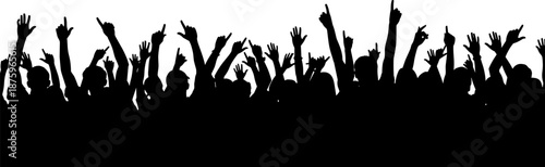 Silhouette of cheering crowd with raised hands symbolizing celebration, unity, excitement, concert energy, festival atmosphere, public event, audience participation, and collective joy concept