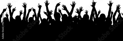 Silhouette of cheering crowd with raised hands symbolizing celebration, unity, freedom, democracy, social movements, public gatherings, activism, success, teamwork, and collective human energy concept