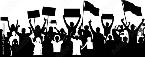 Silhouette of diverse protest crowd with raised fists, flags, and signs, symbolizing activism, unity, civil rights, public demonstration, and social justice movements.