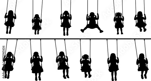 Silhouette of children playing on swings in multiple poses symbolizing childhood joy, freedom, imagination, playground fun, happiness, innocence, and playful motion illustration concept