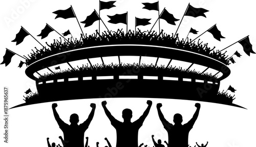 Silhouette of cheering sports crowd in stadium with raised fists and flags symbolizing victory, fan support, teamwork, celebration, competition, unity, and championship excitement concept