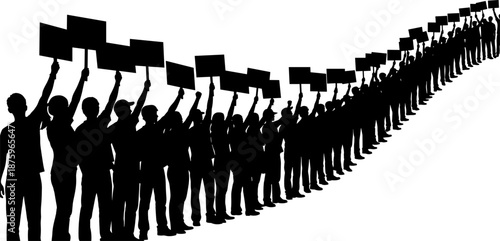 Silhouette of endless protest line with raised banners symbolizing freedom of speech, political activism, social unity, mass demonstration, civil resistance, and collective action