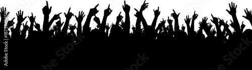 Silhouette of energetic cheering crowd with raised hands symbolizing unity, excitement, celebration, participation, music festival atmosphere, public event energy, and collective enthusiasm concept