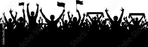 Silhouette of excited crowd with raised hands and flags celebrating victory, unity, freedom, sports fandom, public rally, collective energy, and mass celebration concept