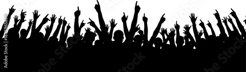 Silhouette of excited crowd with raised hands pointing upward symbolizing celebration, unity, concert energy, festival atmosphere, public event participation, enthusiasm,