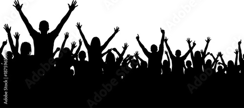 Silhouette of excited cheering crowd with raised hands celebrating success, unity, festival energy, fan support, freedom expression, social movement concept, and powerful collective emotion