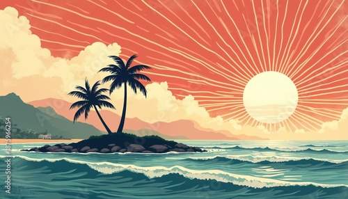 Stylized island scene with palm trees, ocean waves, and a bright sun setting over mountains. Tropical landscape illustration with a retro vibe and warm color palette.