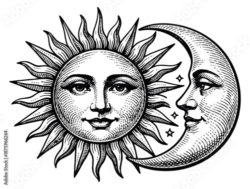 Hand drawn line art illustration of sun and moon depicting celestial faces for mystical designs