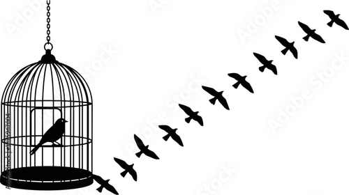 Silhouette illustration of caged bird and flying birds representing freedom, escape, hope, liberation, independence, minimal art concept, emotional symbolism, and abstract creative visual storytelling