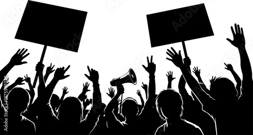 Silhouette of a diverse crowd of people protesting with blank signs and a megaphone during a public demonstration, strike, rally, or social justice march