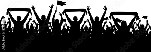 Silhouette of cheering crowd holding banners and flags with raised hands, symbolizing unity, protest, fan celebration, social movement, freedom expression, and energetic mass gathering