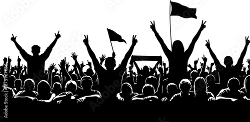 Silhouette of cheering crowd raising hands and flags symbolizing celebration, unity, freedom, victory, public gathering, festival energy, teamwork spirit, and collective success conceptv
