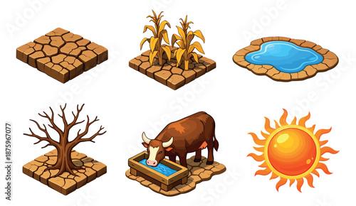 Isometric cartoon elements set featuring dry cracked earth, barren trees, parched crops, a cow drinking, a pond, and a hot sun for environmental and agricultural issues
