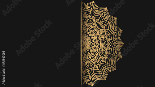 Elegant golden half-mandala design on dark background, intricate symmetrical ornamental vector art