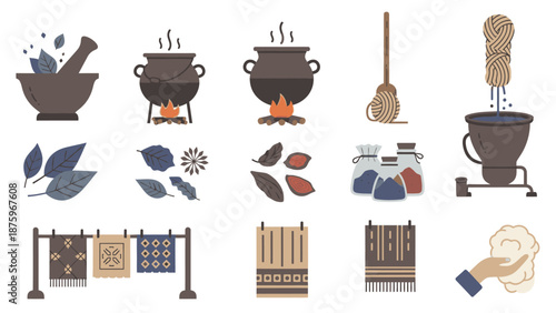 Collection of traditional dyeing tools and materials, mortars, pestles, and fabrics displayed together, showcasing textile artistry and craftsmanship in a neutral setting.