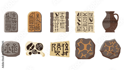 Ancient artifacts and relics with hieroglyphics and symbols, displayed in a collection, viewed from a straightforward perspective
