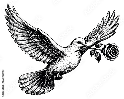 Vintage line art illustration of a flying dove depicting a rose in its beak for peace and love concepts