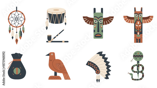 Collection of traditional Native American tribal symbols and artifacts displayed against a clean white background