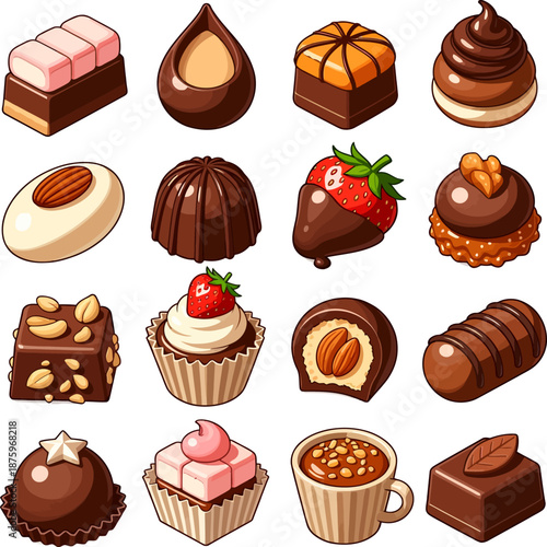 Chocolate sweets box. Set of colorful chocolate desserts and candies from boxes for special holidays, valentine day, for a lunch snack or coffee break