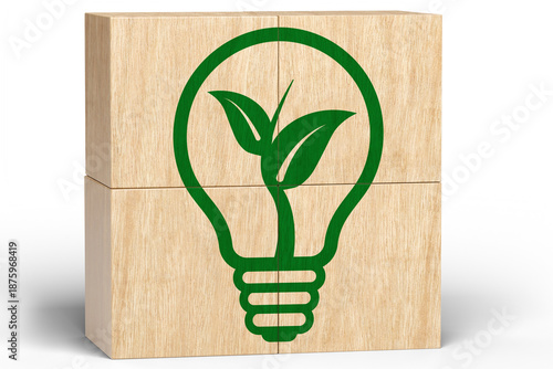 Green eco light bulb icon on wooden cube blocks isolated