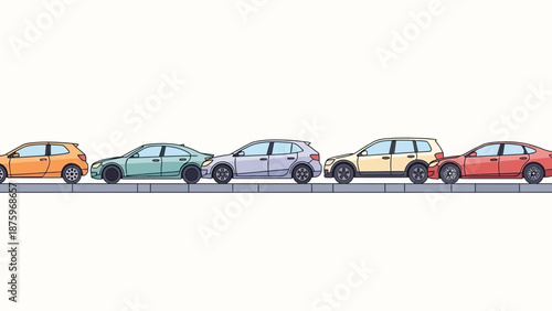 A row of colorful cars driving on a road from a side view