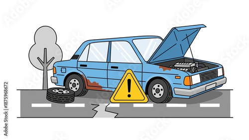 A blue car with a flat tire and broken down on the side of the road with a warning sign